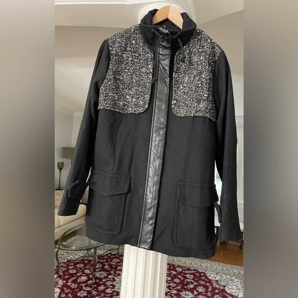 Lucca Couture women’s black and white detail zip up wool blend leather trim coat